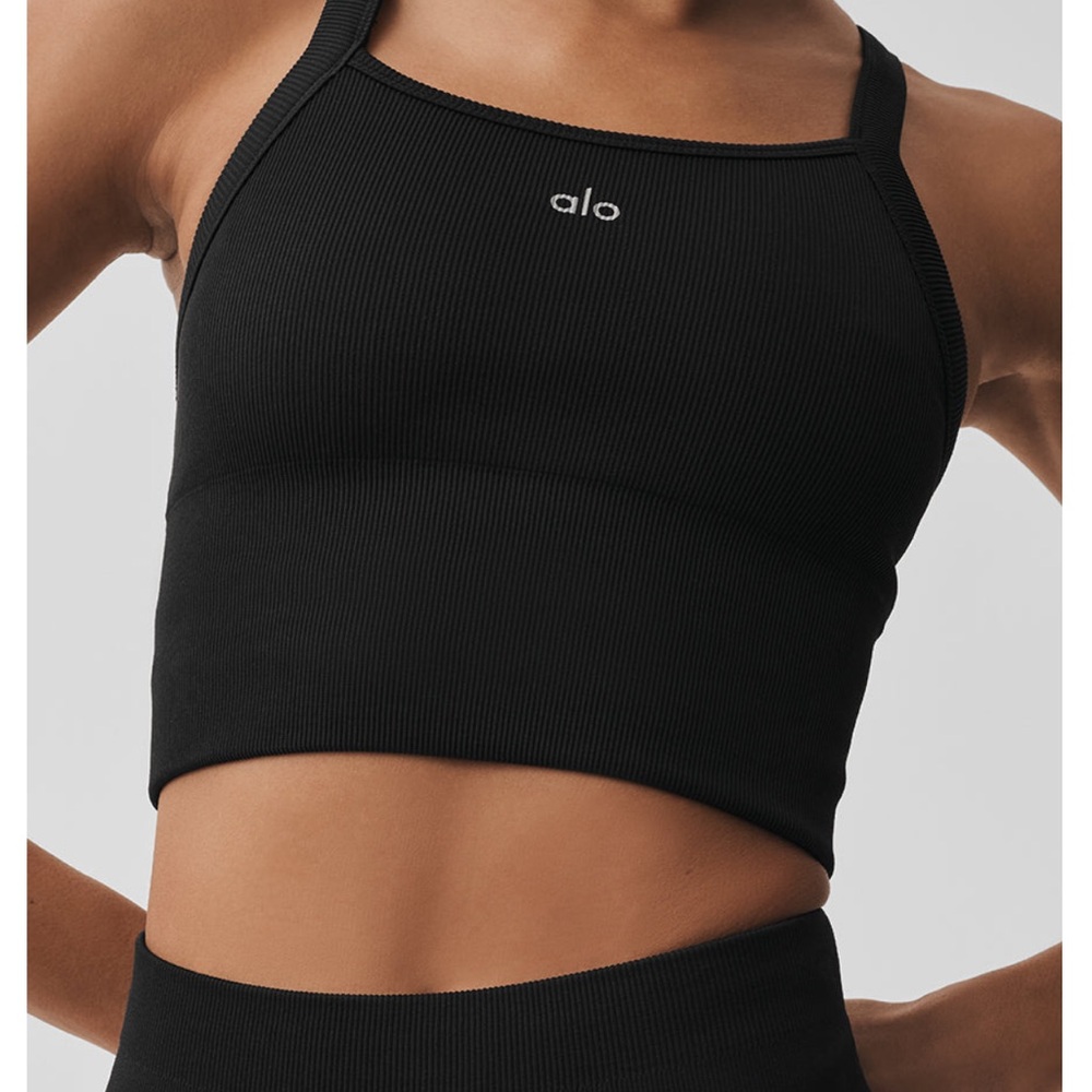 ALO Yoga Black Ribbed Square-Neck Crop Tank